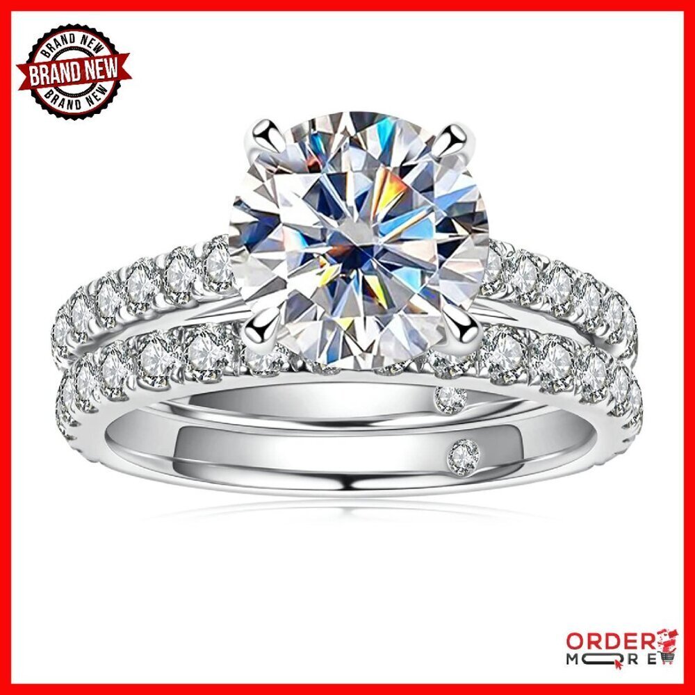 4.14ct Moissanite Engagement Ring Set Sterling Silver Wedding Band Size 7